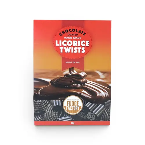 Margaret River Fudge Factory Licorice Milk Choc Twists 180g Margaret River Fudge Factory Licorice Milk Choc Twists 180g